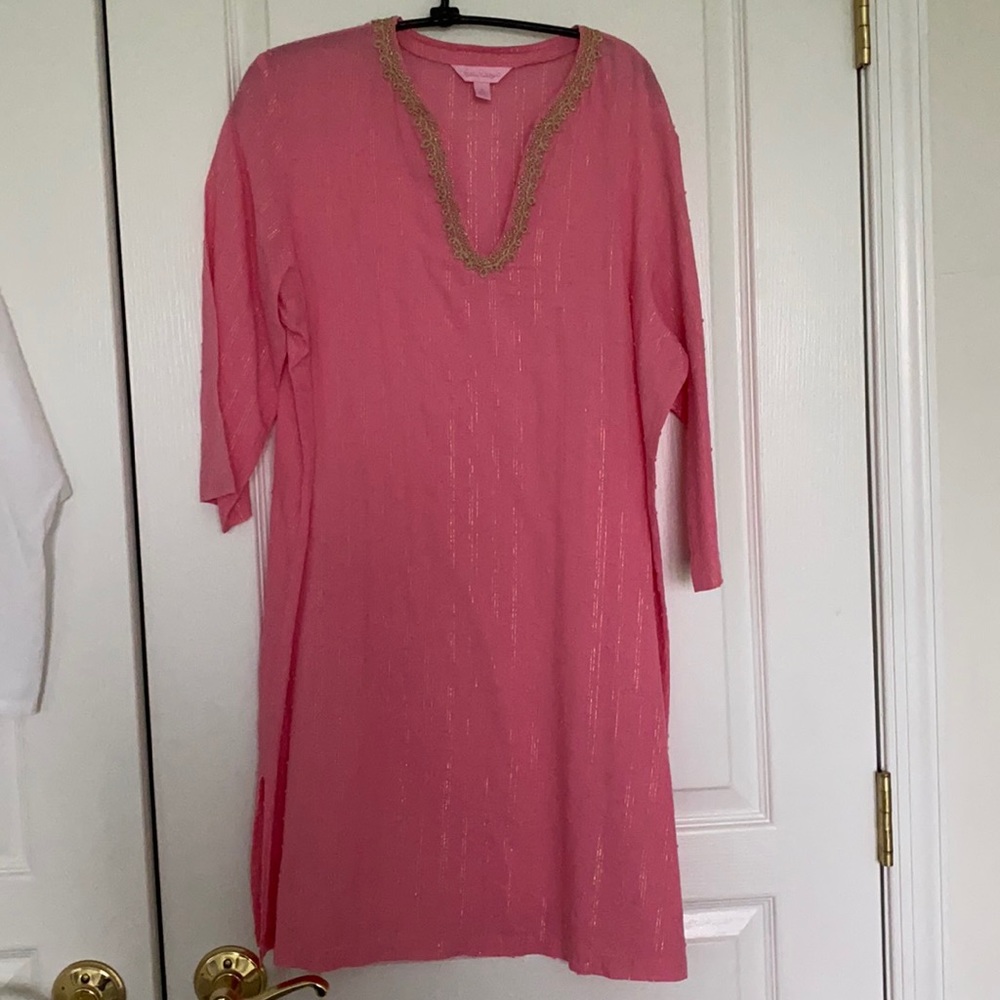 Lilly Pulitzer medium salmon/pink with gold trim and fine gold thread coverup.